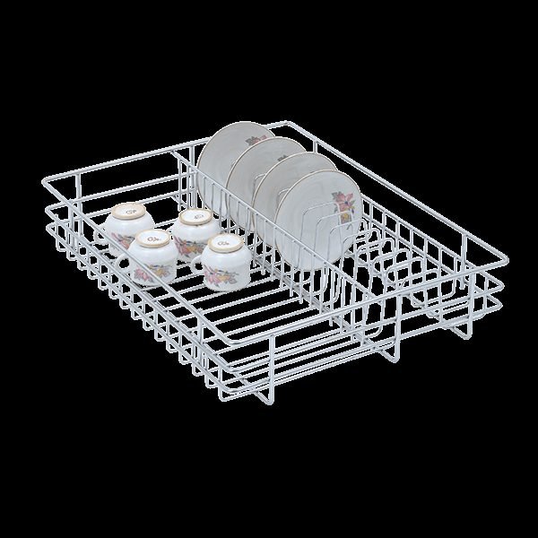 Chrome wire cup and saucer basket with cups and plates