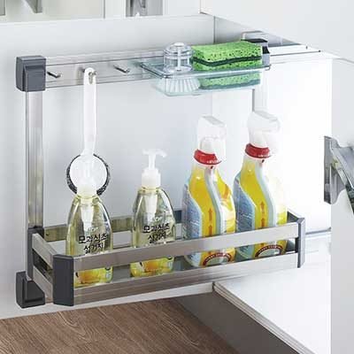 Two-tier under-sink pull-out rack holding detergent bottles and a sponge