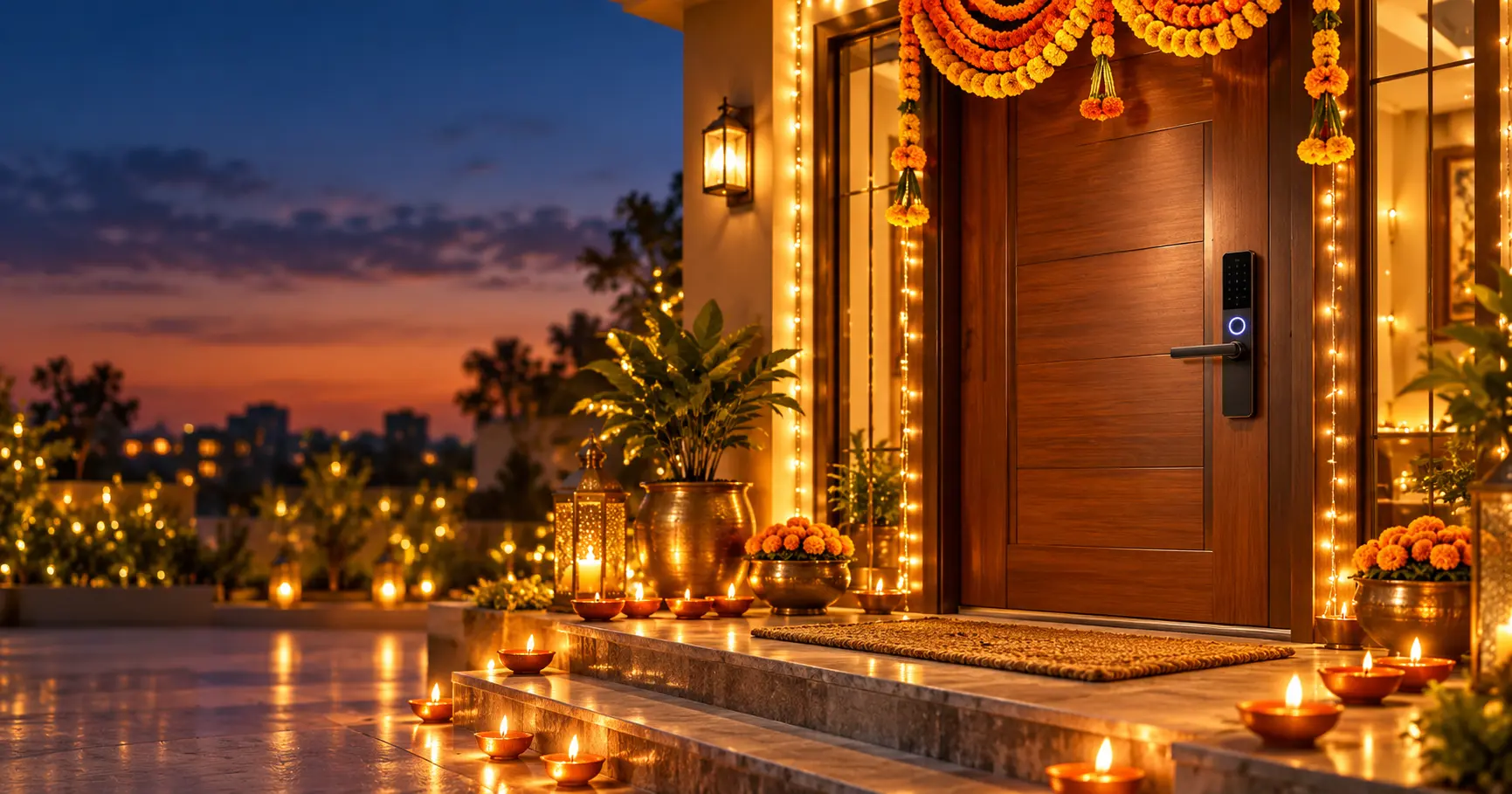 Diwali home upgrades under ₹5,000 – smart lock on a festive door with diyas and marigold decor