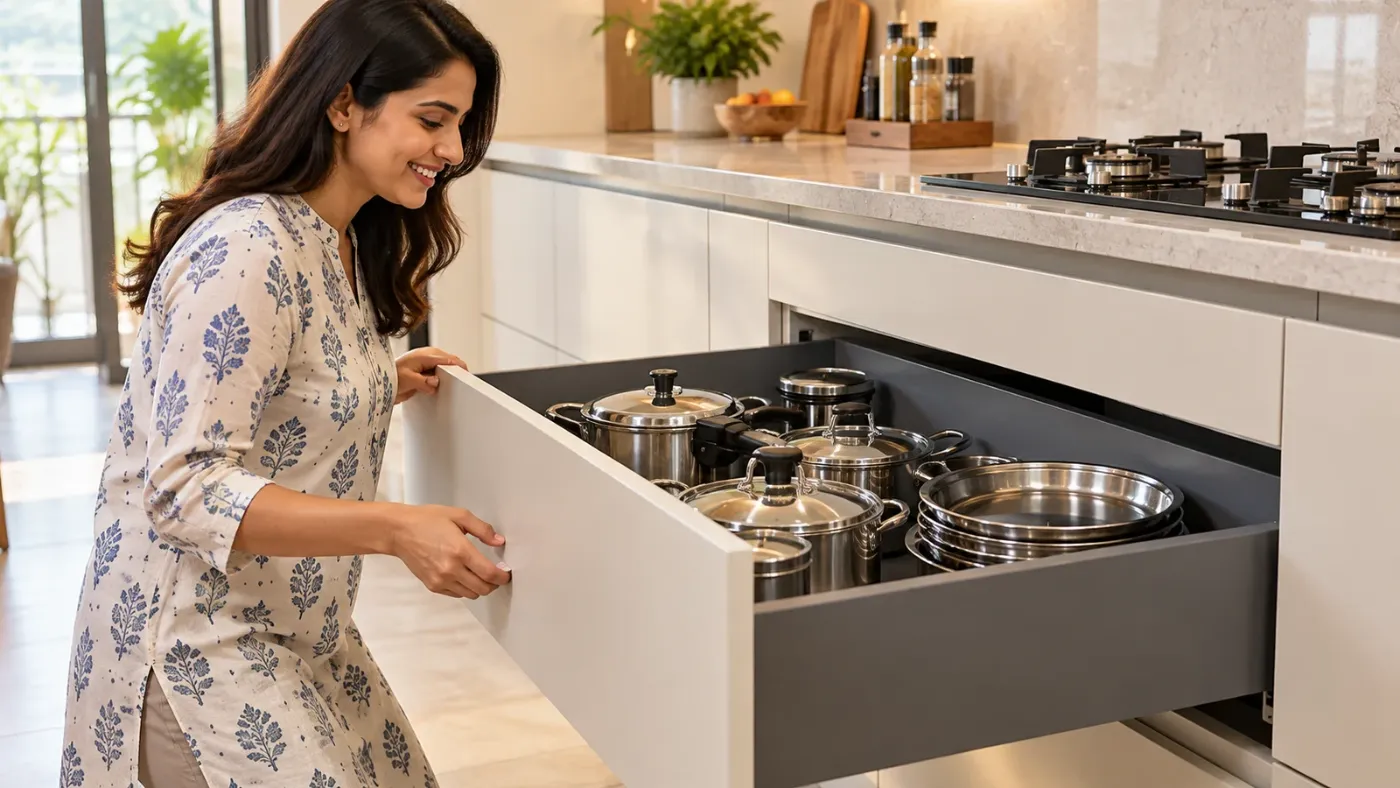 Woman opening a full-extension kitchen drawer of steel pots and a pressure cooker