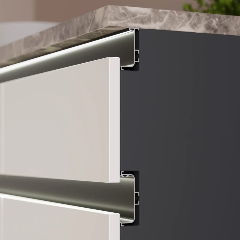 Aluminium gola profile with LED light on handleless kitchen cabinets