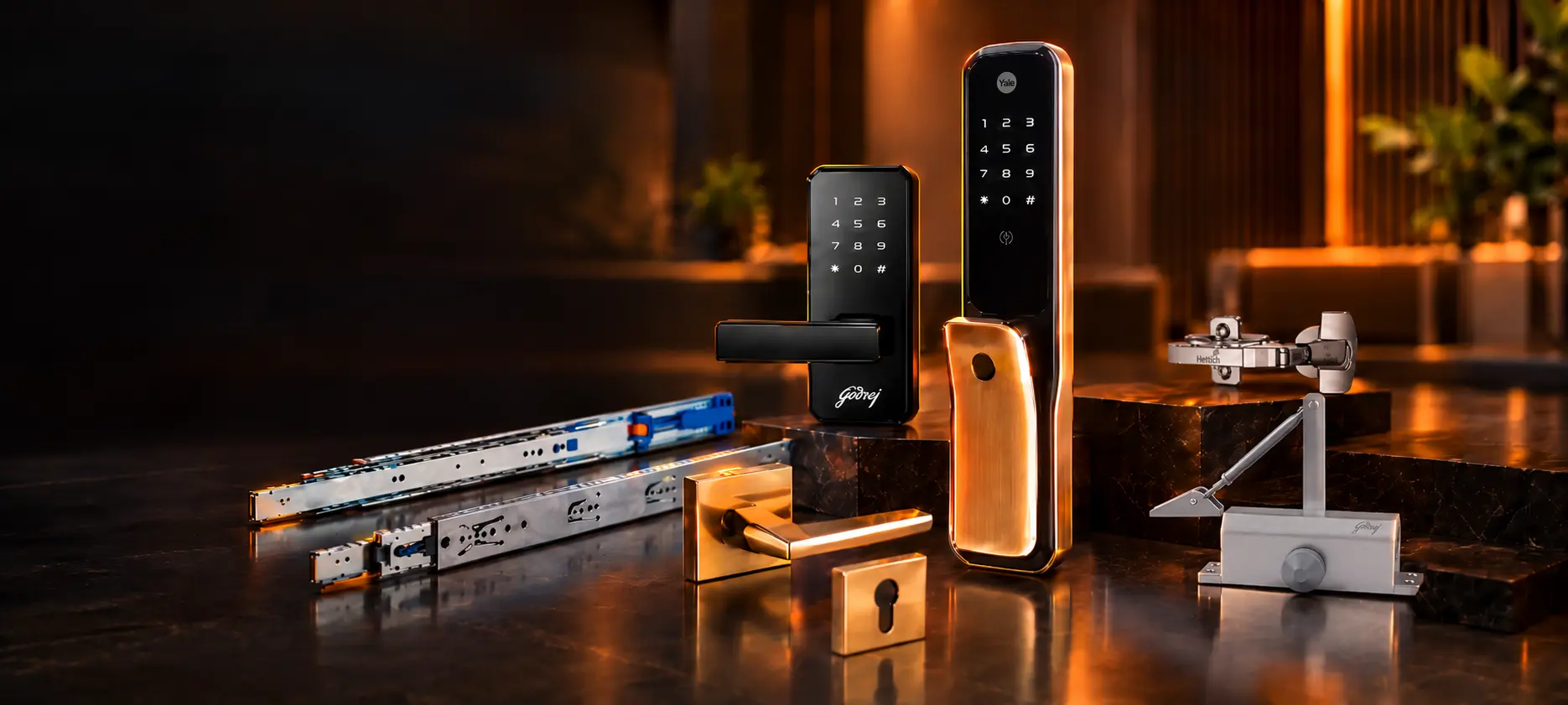 Yale and Godrej smart locks, drawer slides, gold door handle, Hettich hinge and Godrej door closer