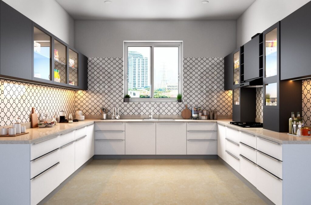 Modern modular kitchen with white base cabinets, drawers and wall units