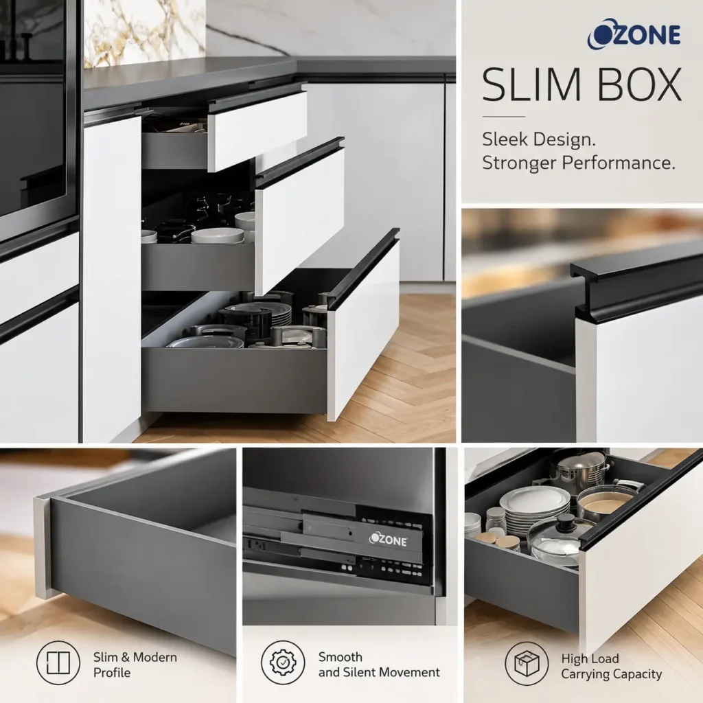 Ozone slim box drawer system in modular kitchen