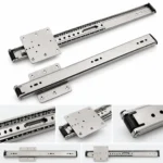 Pocket door slide with hinge mounting plate and roller detail