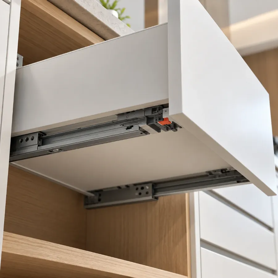 Concealed quadro undermount runner fixed under a kitchen drawer, seen from below