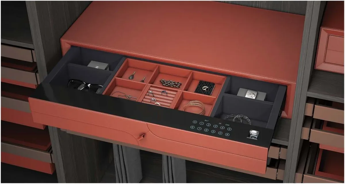 Leather jewellery locker drawer with a password keypad inside a wardrobe