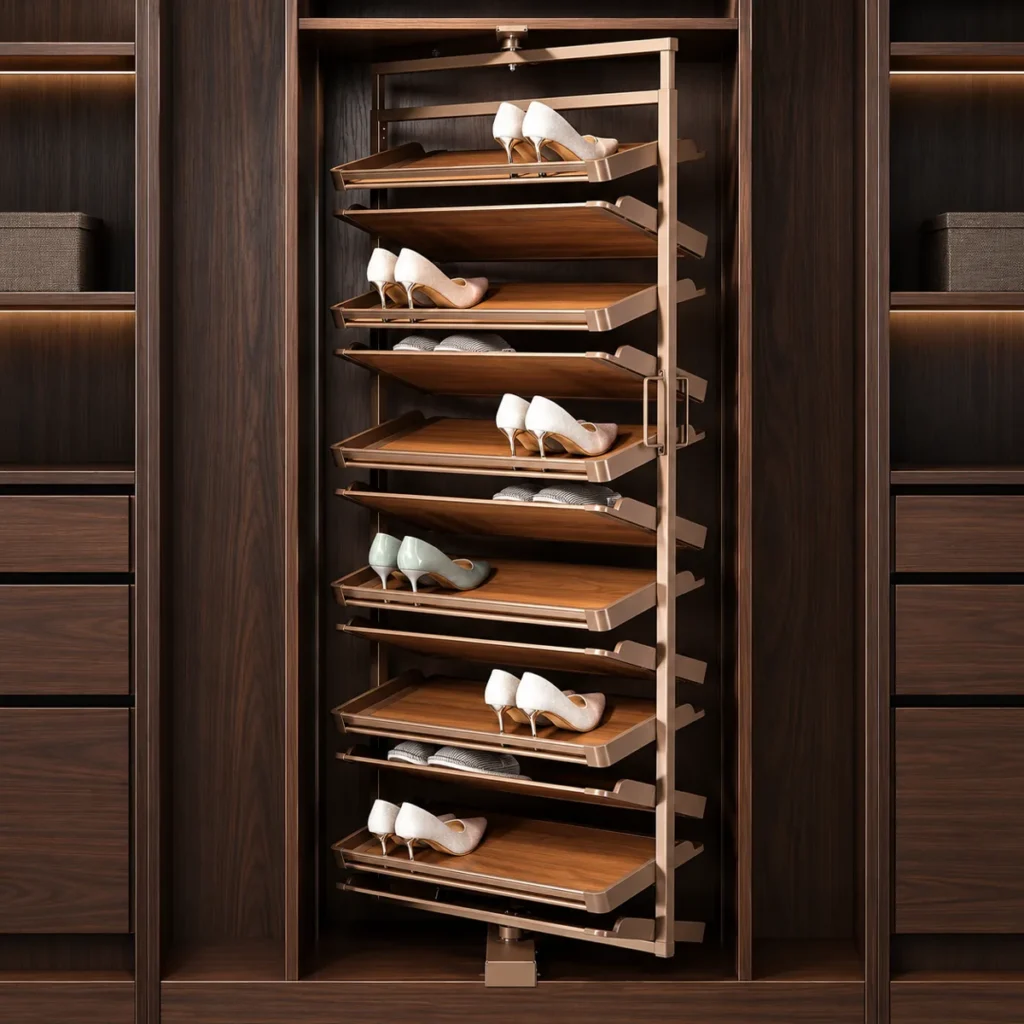 Revolving shoe rack tower inside a tall wardrobe