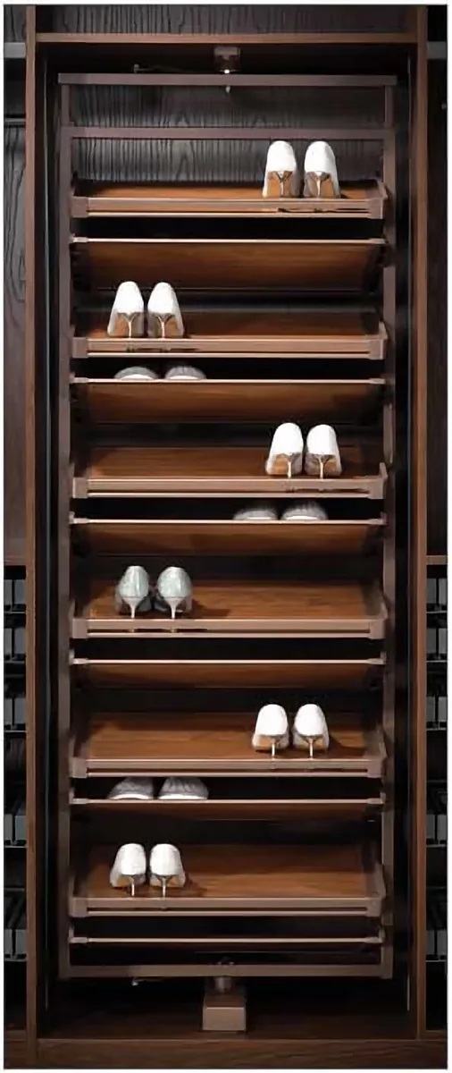 Revolving shoe rack inside a tall wardrobe section