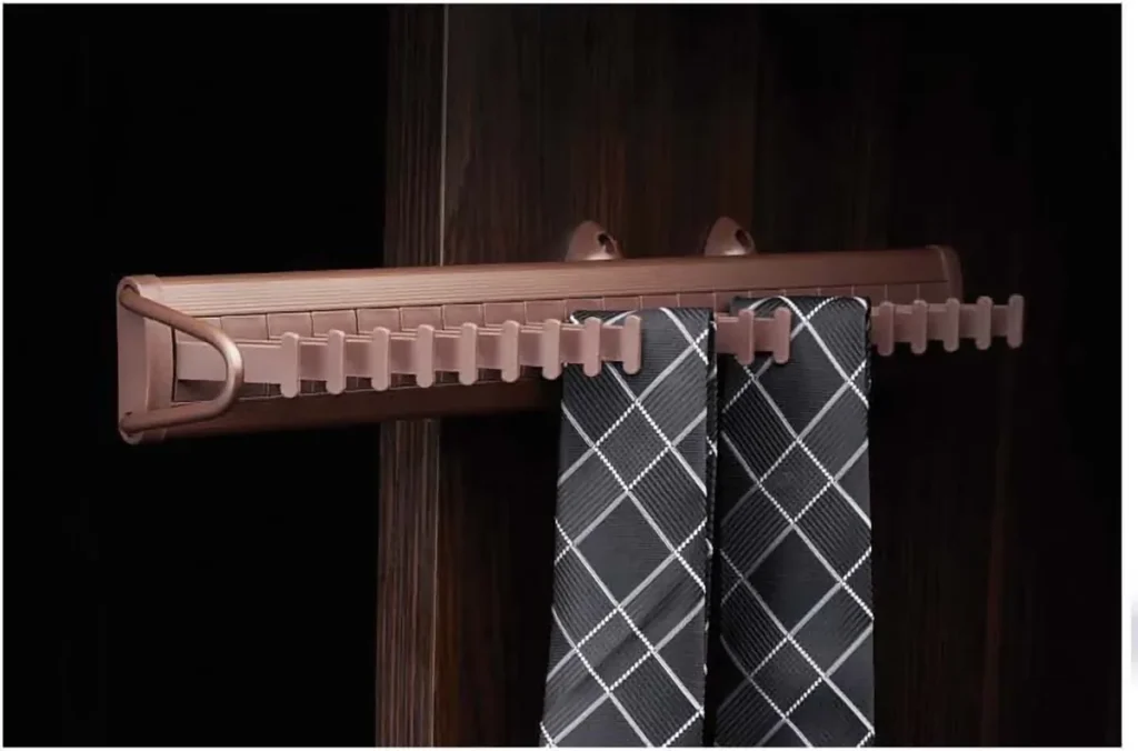 Tie and belt rack pull-out in mocha for a wardrobe