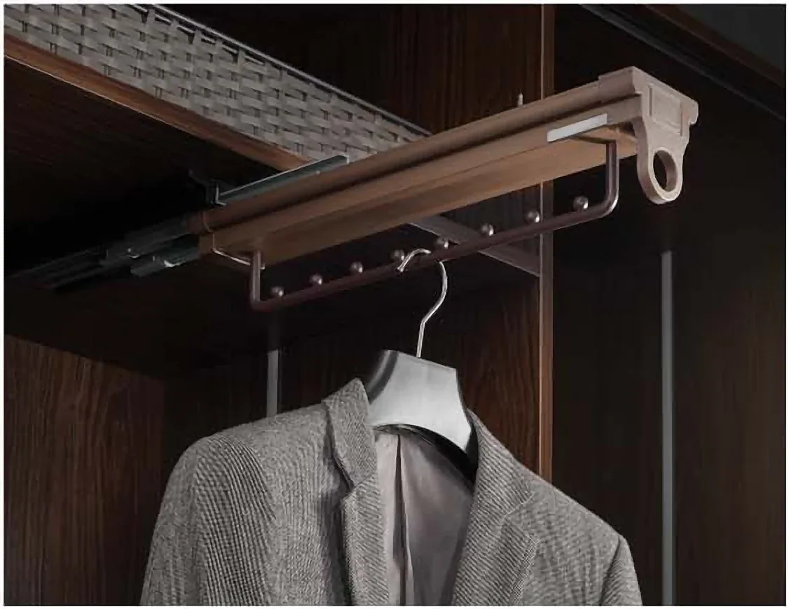 Top-hanging pull-out hanger rail with a jacket inside a wardrobe