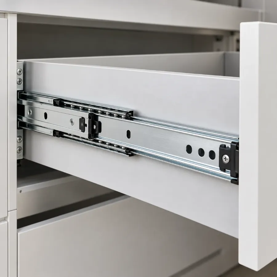 Close-up of a side-mounted ball-bearing telescopic drawer channel, fully extended