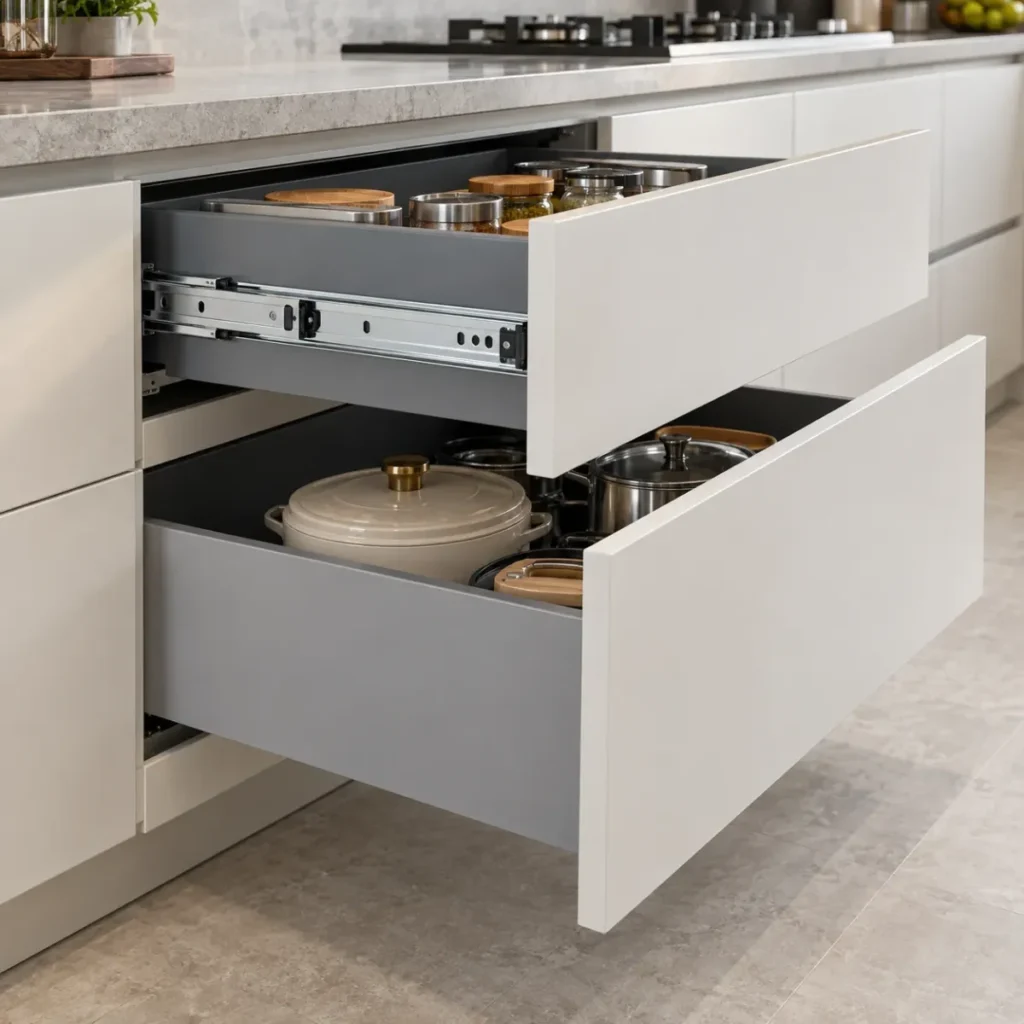Two open kitchen drawers: the top one on a side-mounted telescopic channel, the lower one on hidden runners