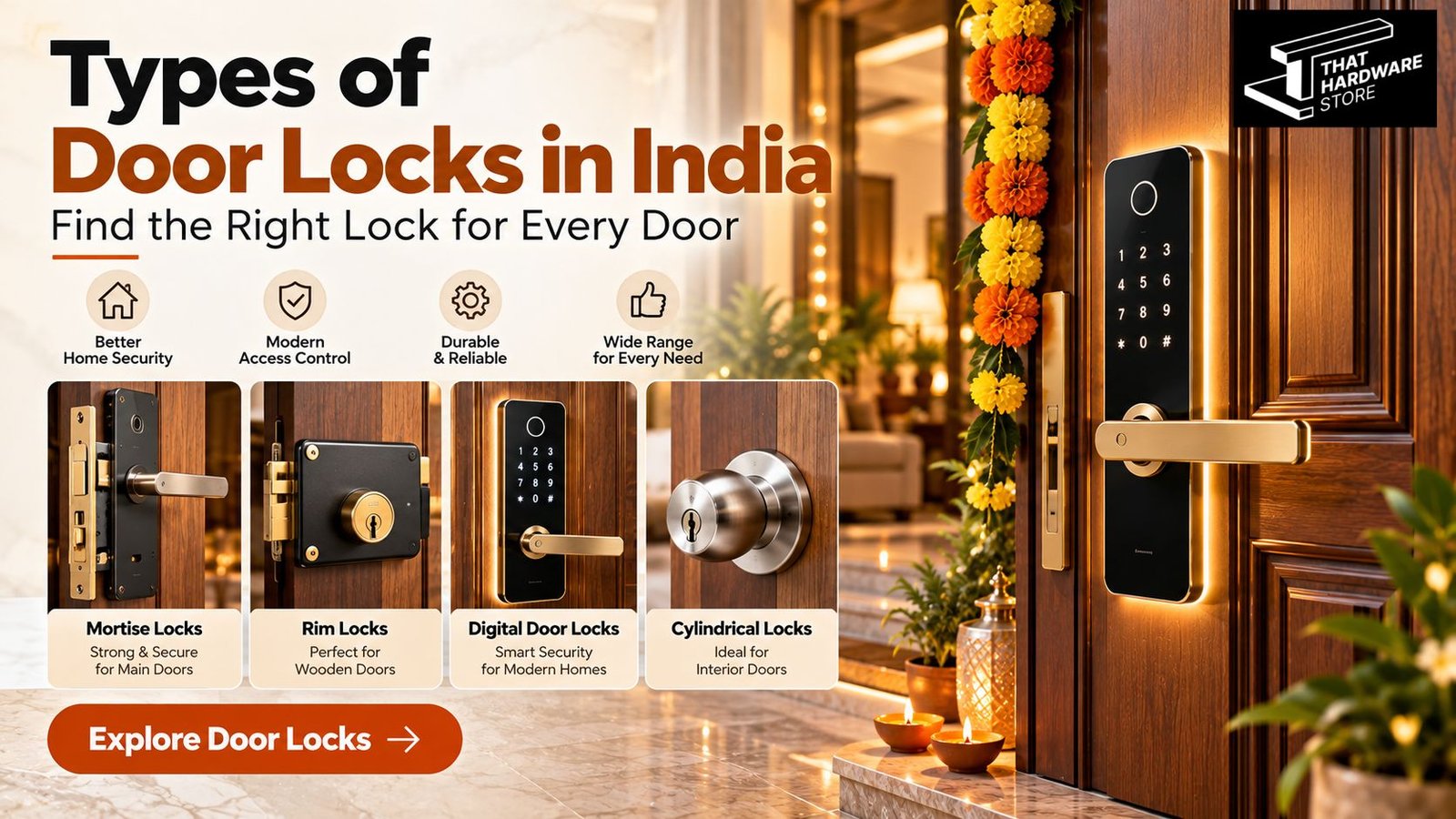 Different types of door locks in India including mortise, rim, digital, and cylindrical locks for home security