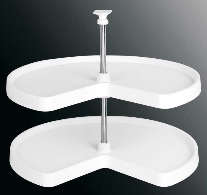 White kidney-shaped two-tier corner carousel for a kitchen cabinet