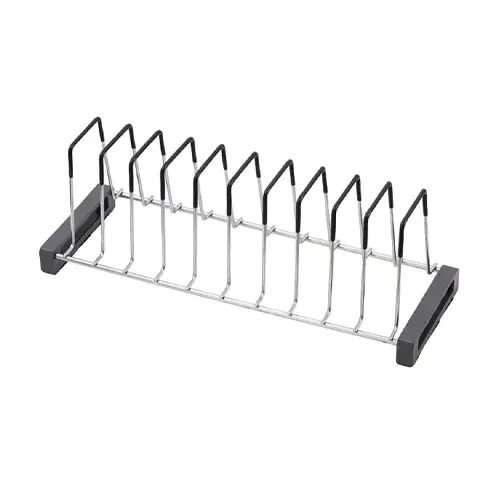 Chrome wire plate rack with black-tipped dividers